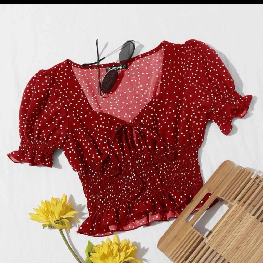 Red and white polka dot cropped top
